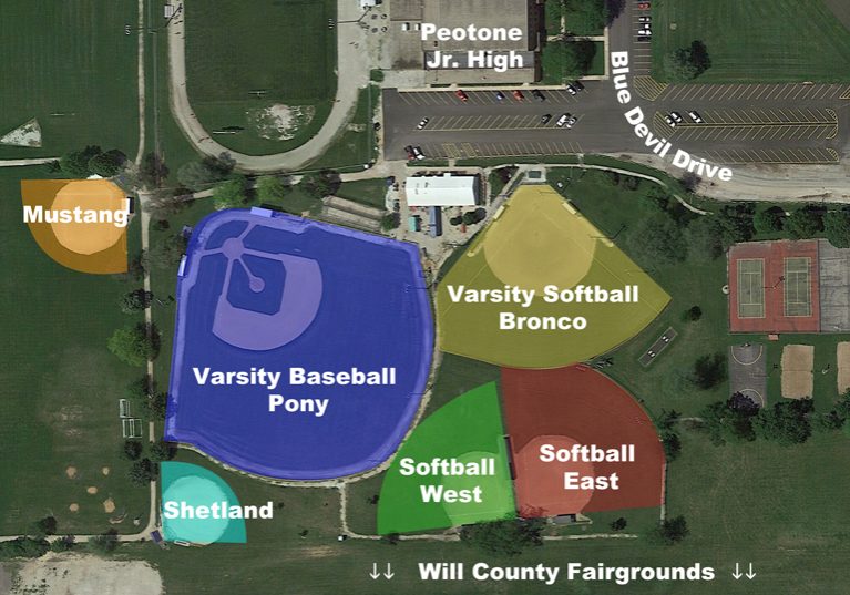The Main Building/Park Office is located between the Pony and Bronco fields. Parking for fields is accessible from/along Blue Devil Drive or along the South border of the park grounds (Will County Fairgrounds). Portable restrooms are located near the Main Park Building, between the Pinto and Mustang fields, along the south walking path, and near the skate park. There is a soda vending machine at the Main Park Building and at the Adult Softball field. The concession stand (when open) is on the southeast corner of the Main Park Building. Soccer Fields will be in the open area to the south of the Pinto and Mustang fields. The Division Street Park and Pavilion is on the far west border of our park grounds. Please help keep our park clean by using the trash bins located throughout the park.